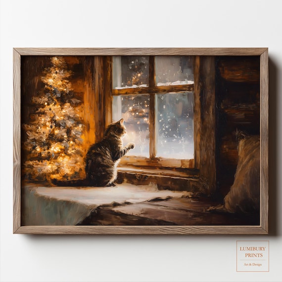 Cozy Christmas Cat Watching Snowfall by Lit Tree Oil Painting Poster