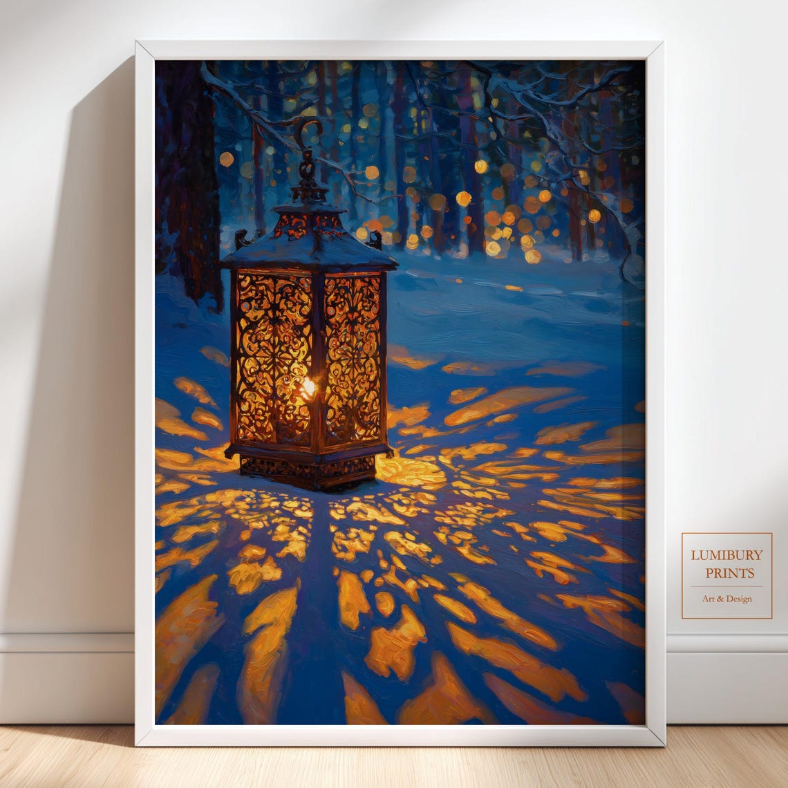 Golden Lantern Light on Snowy Dusk Forest Blue Winter Glow Art Print