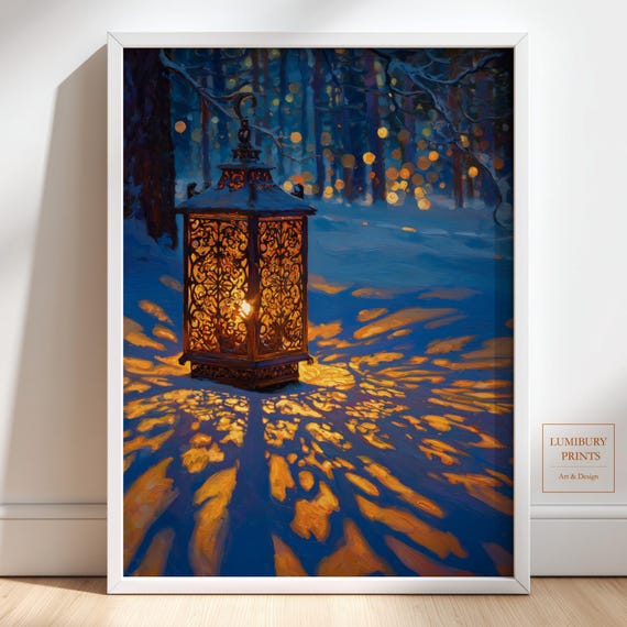Winter Lantern Wall Art Snowy Forest Golden Light Decor Landscape Artwork Instant