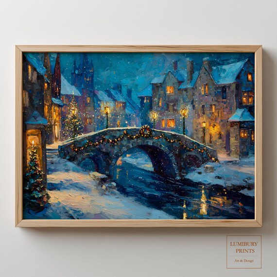 Snowy Christmas Village Stone Bridge Night Impasto Oil Poster