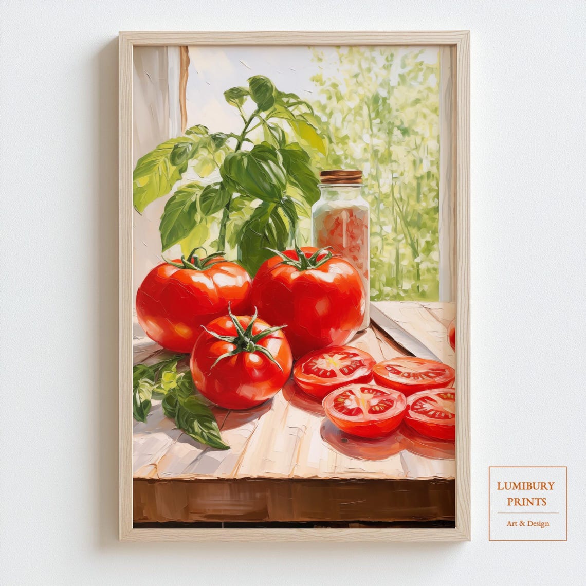 Ripe Tomatoes and Fresh Basil Rustic Oil Painting Kitchen Wall Art