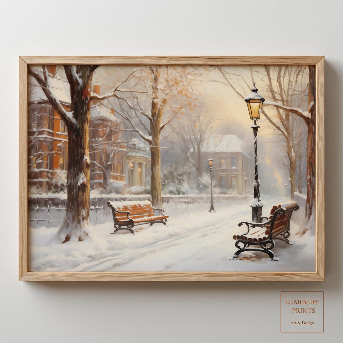 Winter Park Path With Benches And Lamppost Snow Oil Painting Poster