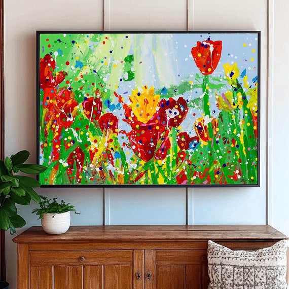 Bold Flower Painting Colorful Tulip Abstract Art Print Vibrant Nature Wall Decor Modern Red And Yellow Floral Artwork Large Art