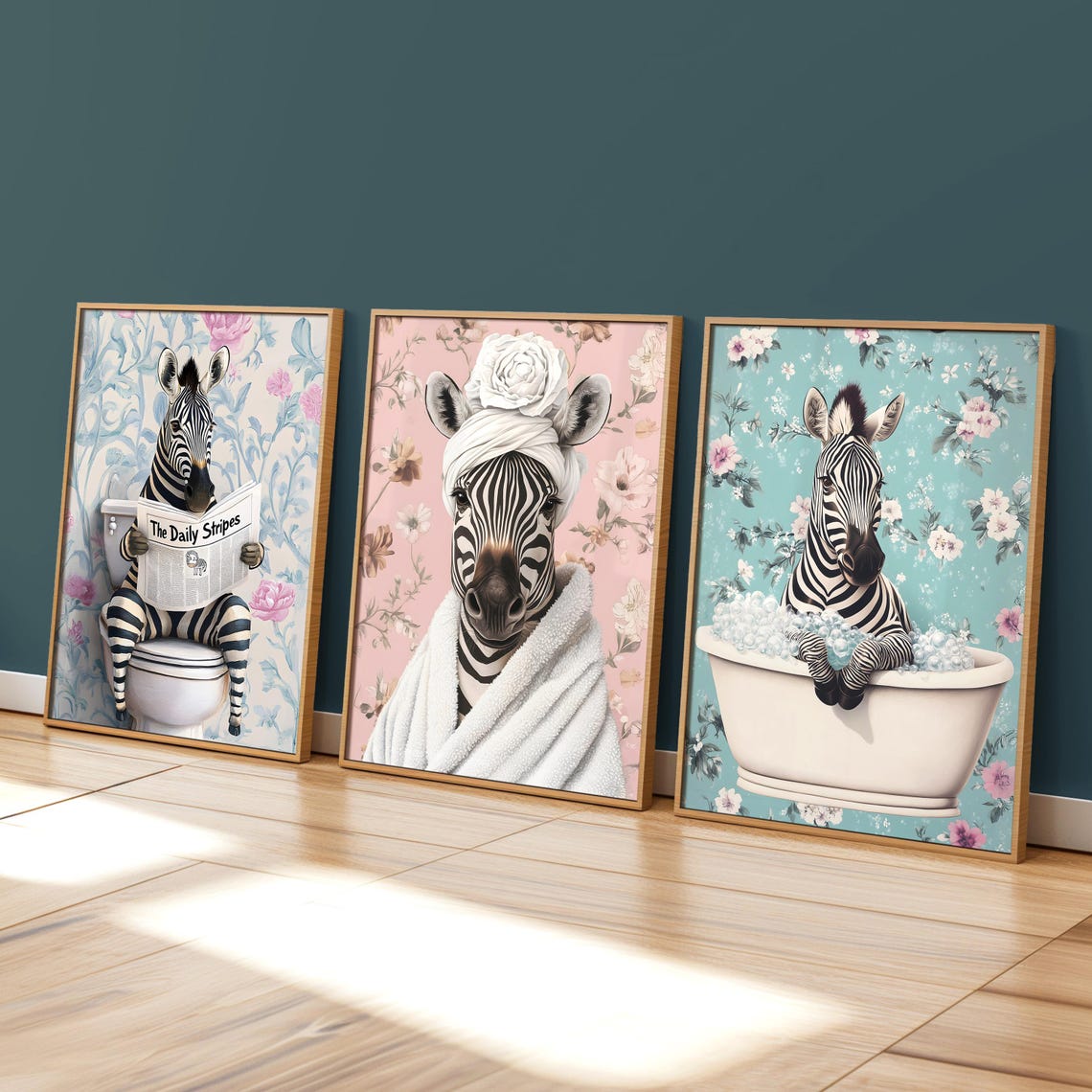 Zebra Relaxing in a Bubble Bath Against a Teal Floral Wallpaper Poster - Image 2