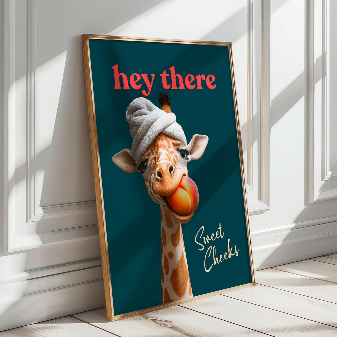 Hey There Sweet Cheeks Giraffe With a Peach on a Pink Poster - Image 5