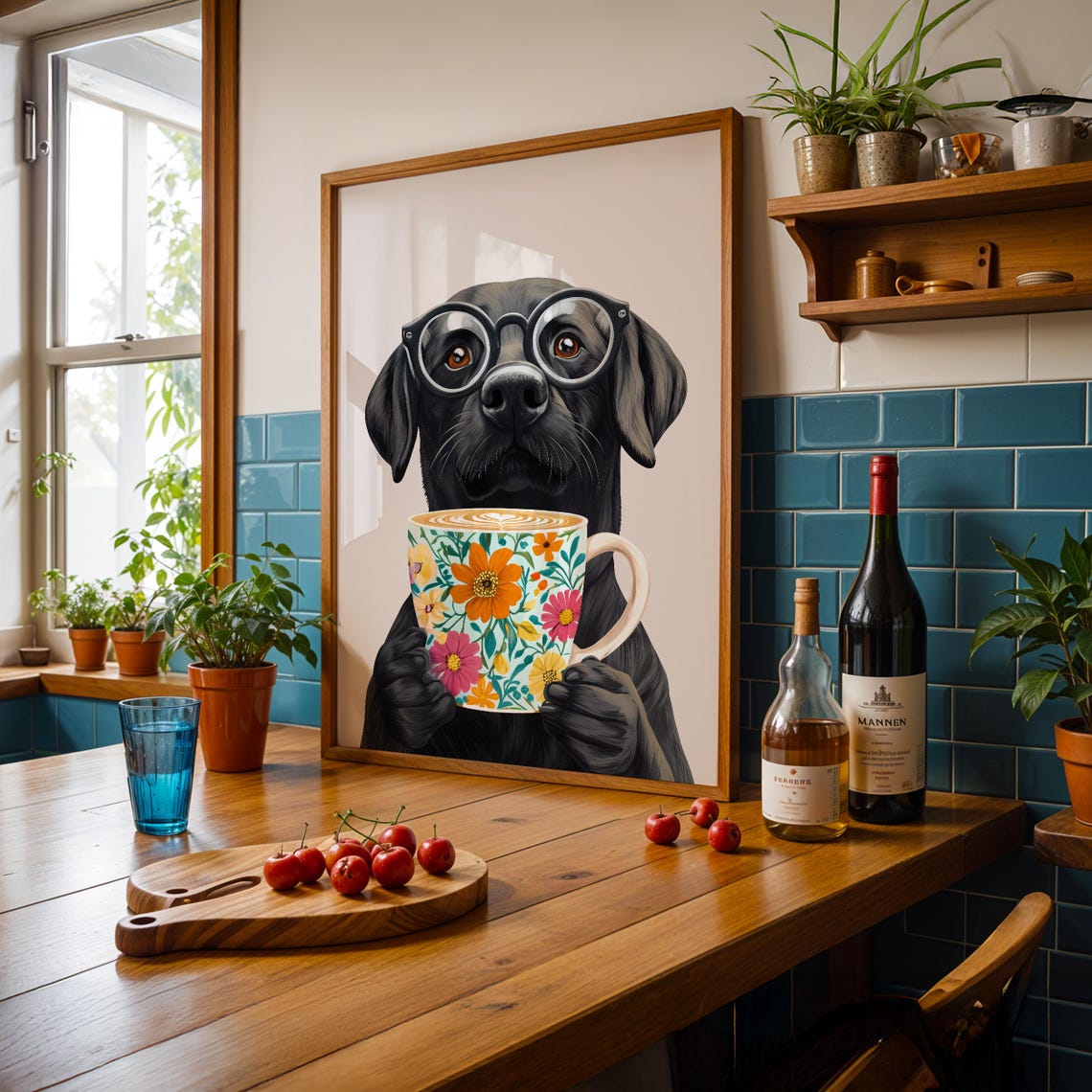 Black Labrador Wearing Glasses Holding a Floral Coffee Mug Poster - Image 4