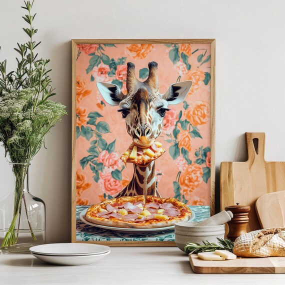 Giraffe Eating a Slice of Pepperoni Pizza Floral Kitchen Poster