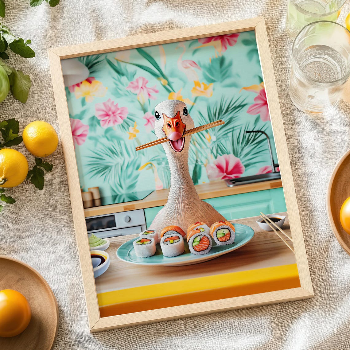 Goose With Chopsticks Eating Sushi in a Bright Kitchen Poster - Image 7