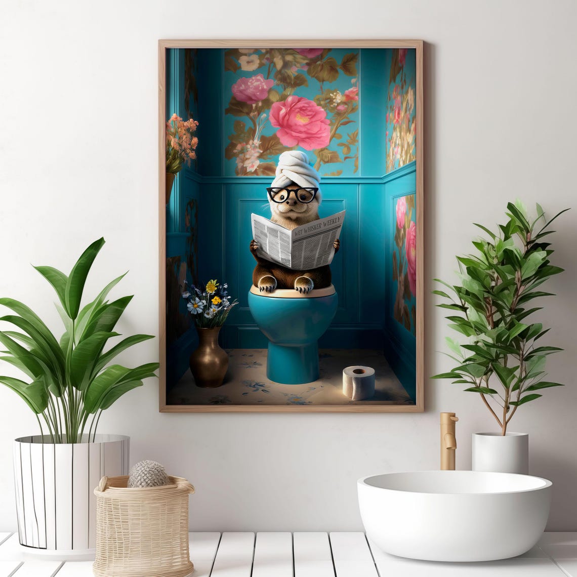 Otter With Glasses Reading Wet Whisker Weekly on a Teal Toilet Poster - Image 3