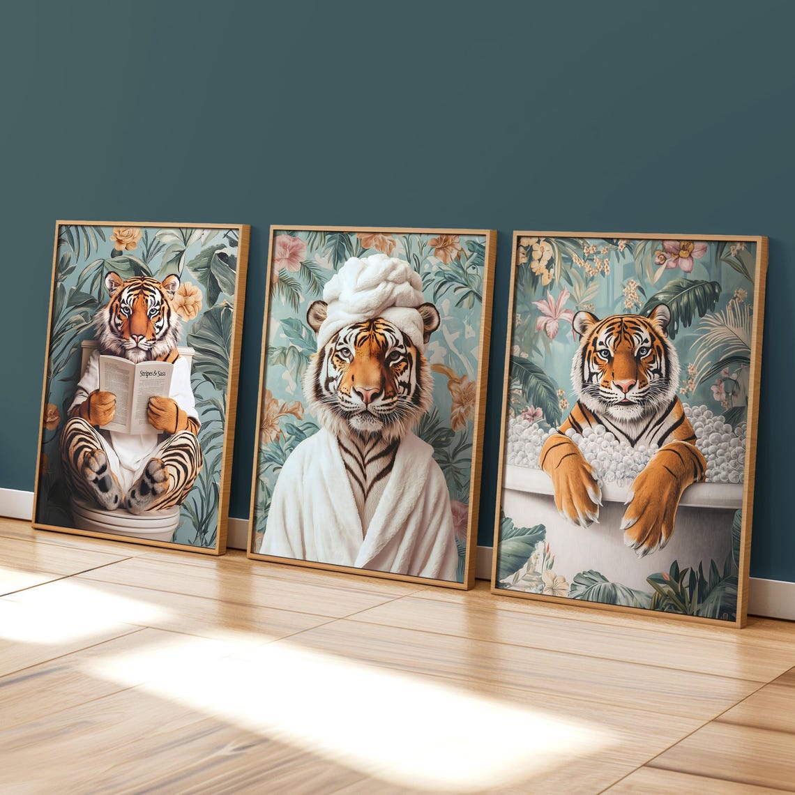Tiger in a White Spa Robe and a Towel Turban Tropical Bathroom Poster - Image 2