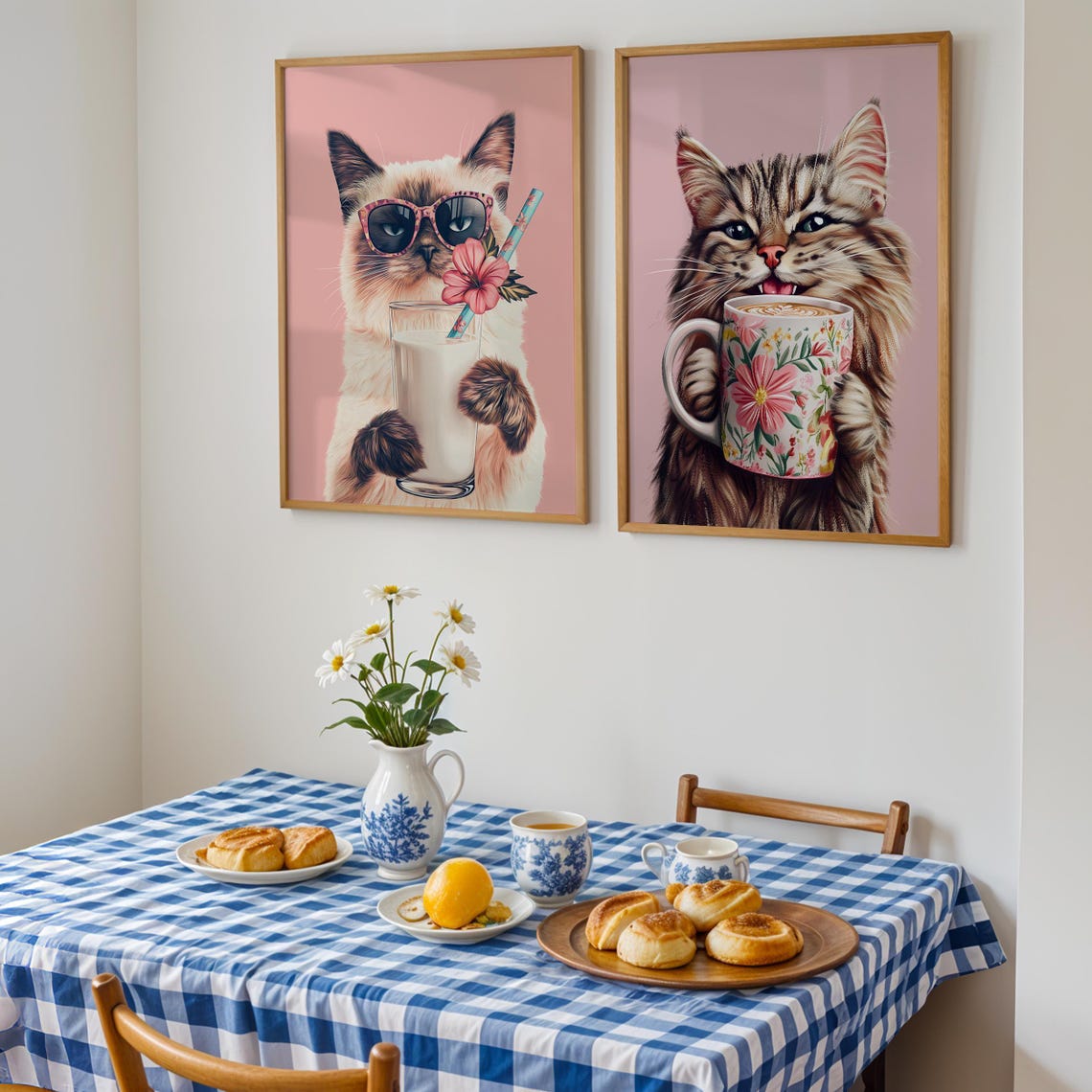 Smiling Tabby Cat Holding Floral Latte Mug On Blush Pink Poster - Image 2