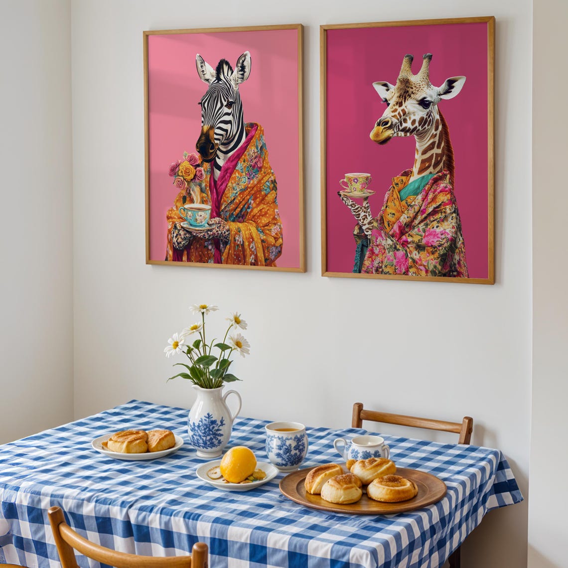 Giraffe In Floral Kimono Holding A Tea Cup On Hot Pink Poster - Image 2