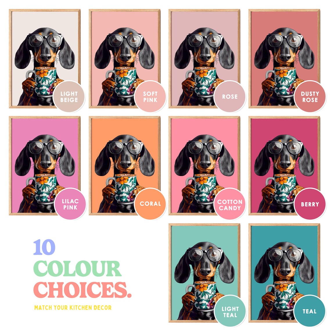 Dachshund Wearing Glasses Holding Floral Coffee Mug On Teal Poster - Image 5