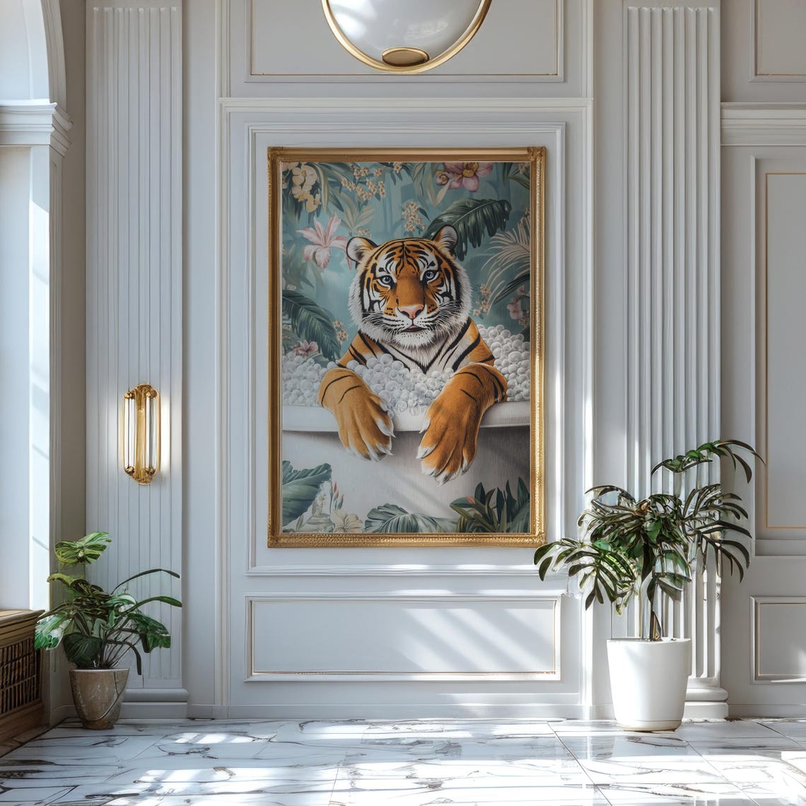 Tiger Relaxing in a Foamy Bubble Bath With Tropical Leaves Poster - Image 3