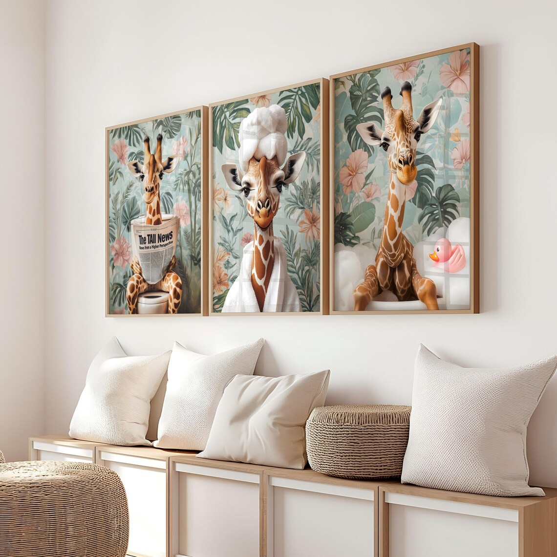 Giraffe in a Bubble Bath With a Rubber Duck in a Tropical Bathroom Poster - Image 6