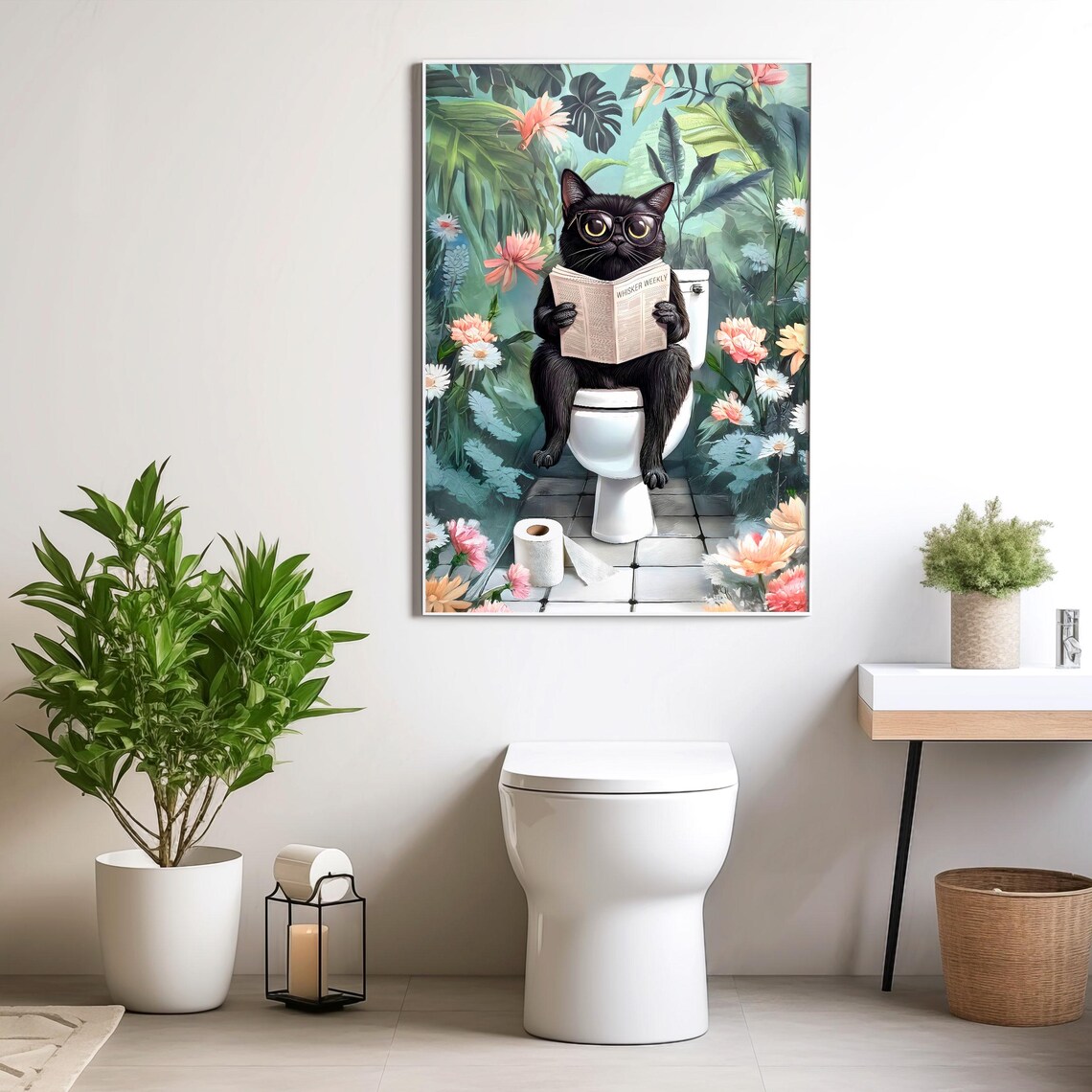 Black Cat In Glasses Reading Whisker Weekly On Toilet Poster - Image 6