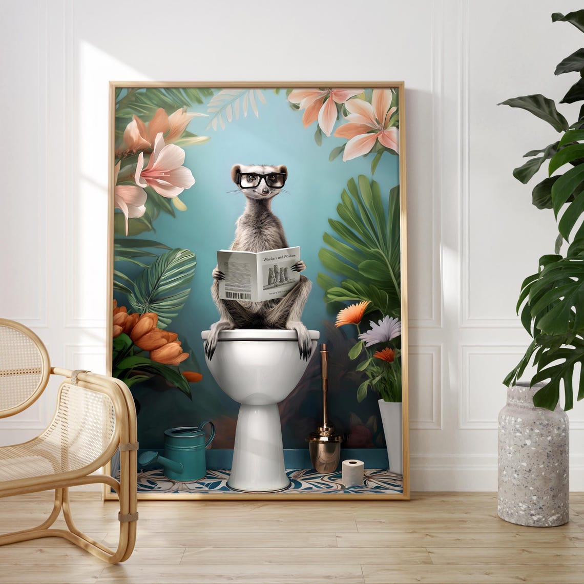 Meerkat in Glasses Reading on a Toilet Botanical Bathroom Poster - Image 5