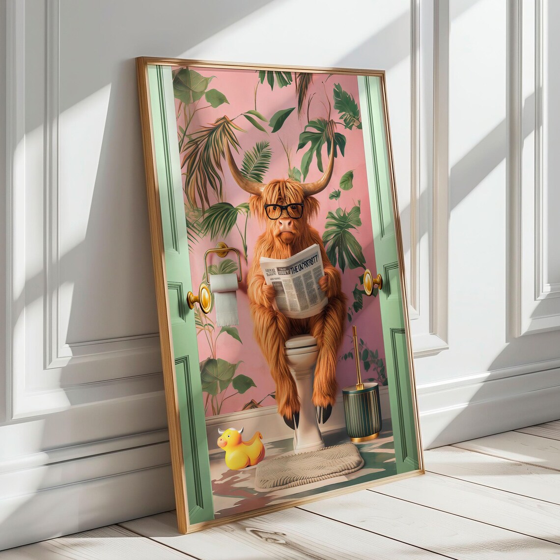 Highland Cow With Glasses Reading the Paper on a Toilet Poster - Image 5