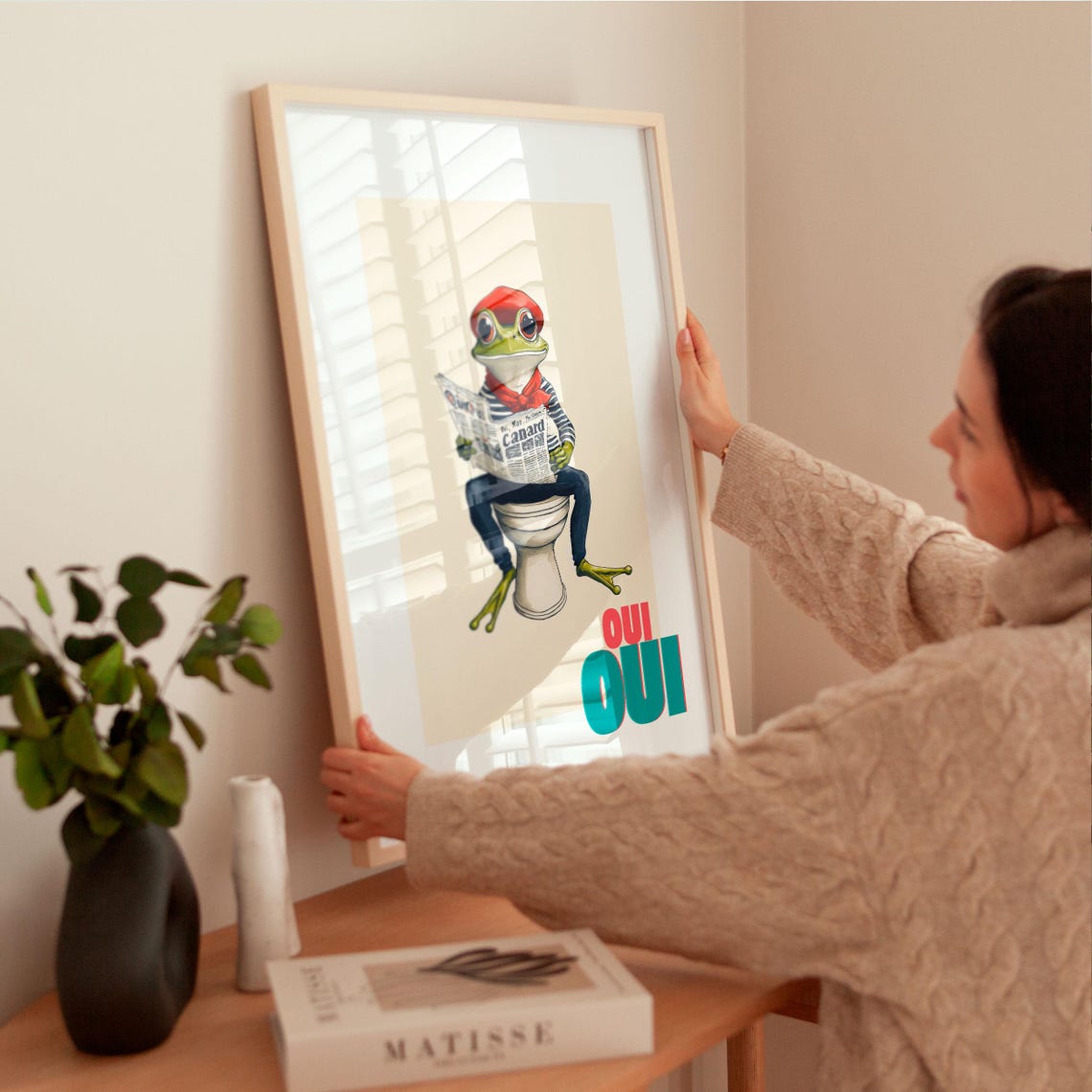 Oui Oui French Frog in a Red Beret on a Toilet Reading a Poster - Image 2
