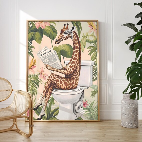 Giraffe Sitting on a Toilet Reading The Neck Times Bathroom Poster