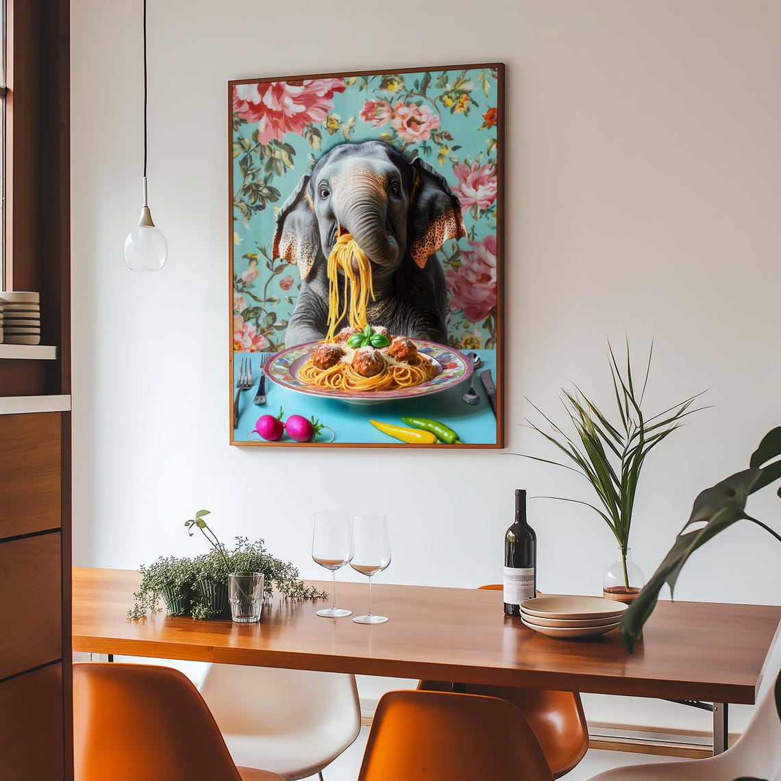 Elephant Eating Spaghetti and Meatballs Floral Kitchen Poster - Image 4