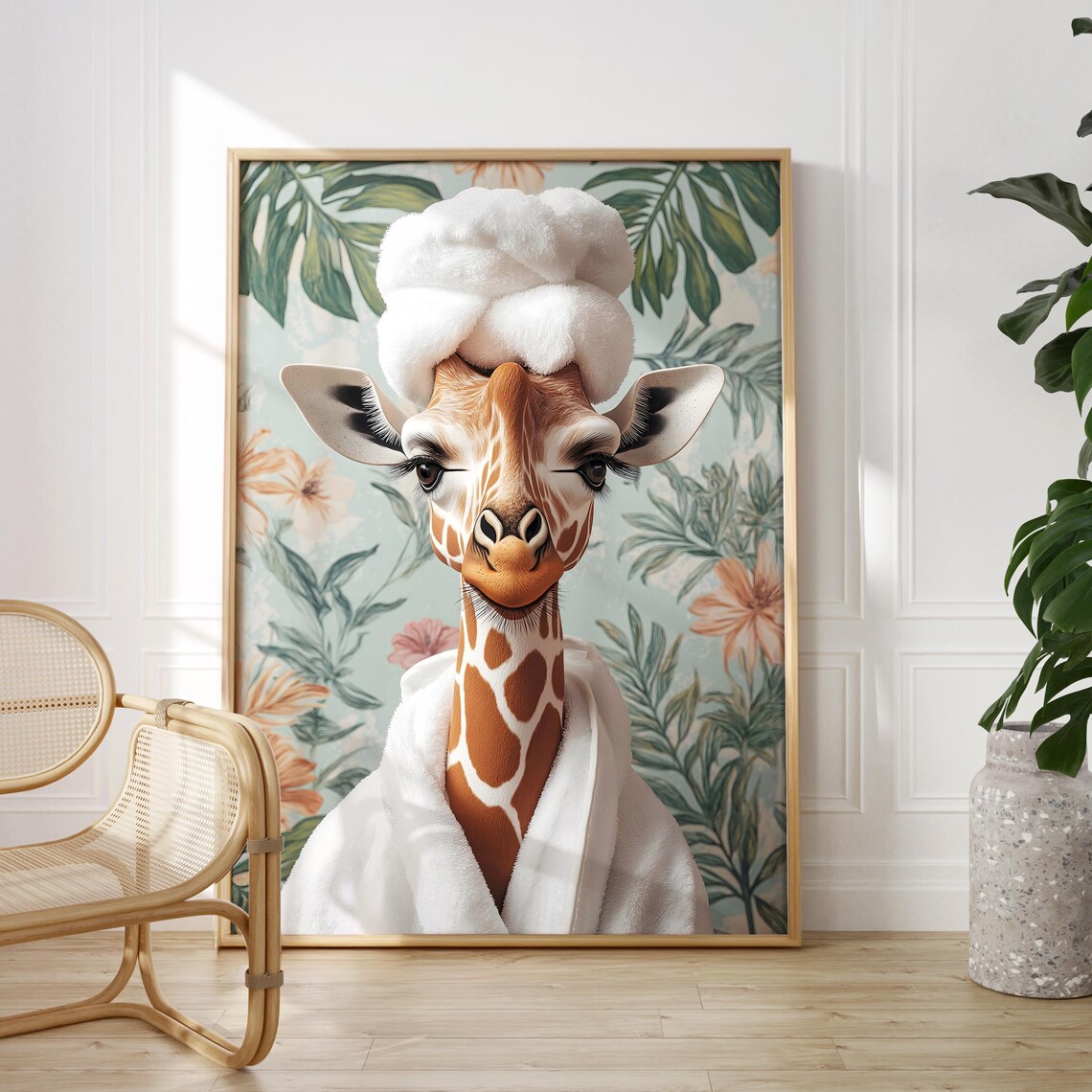 Giraffe in a Spa Robe and Towel Turban Tropical Bathroom Poster