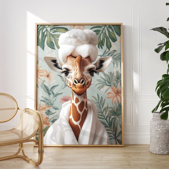 Giraffe in a Spa Robe and Towel Turban Tropical Bathroom Poster