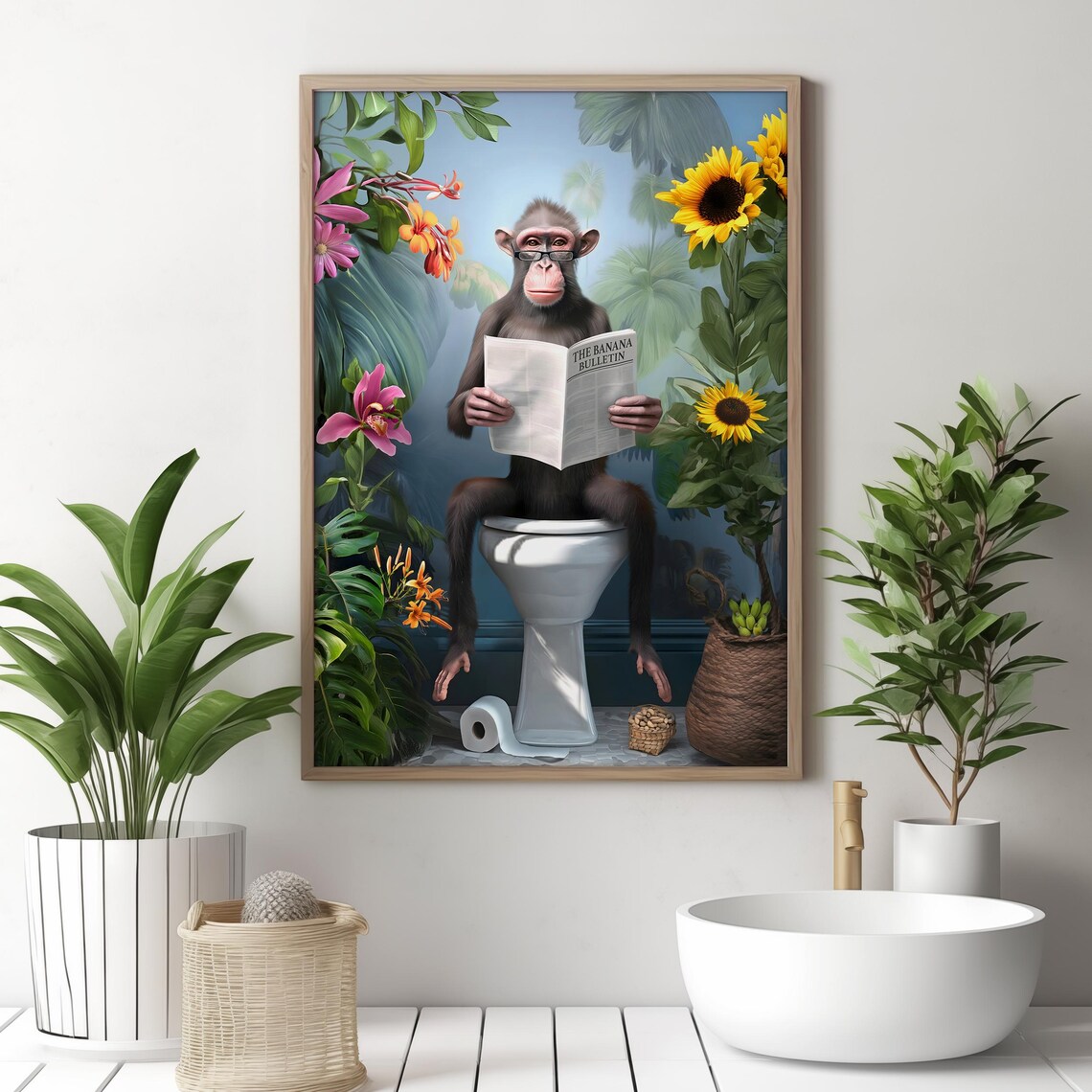 Monkey With Glasses Reading the Banana Bulletin on a Toilet Poster - Image 4