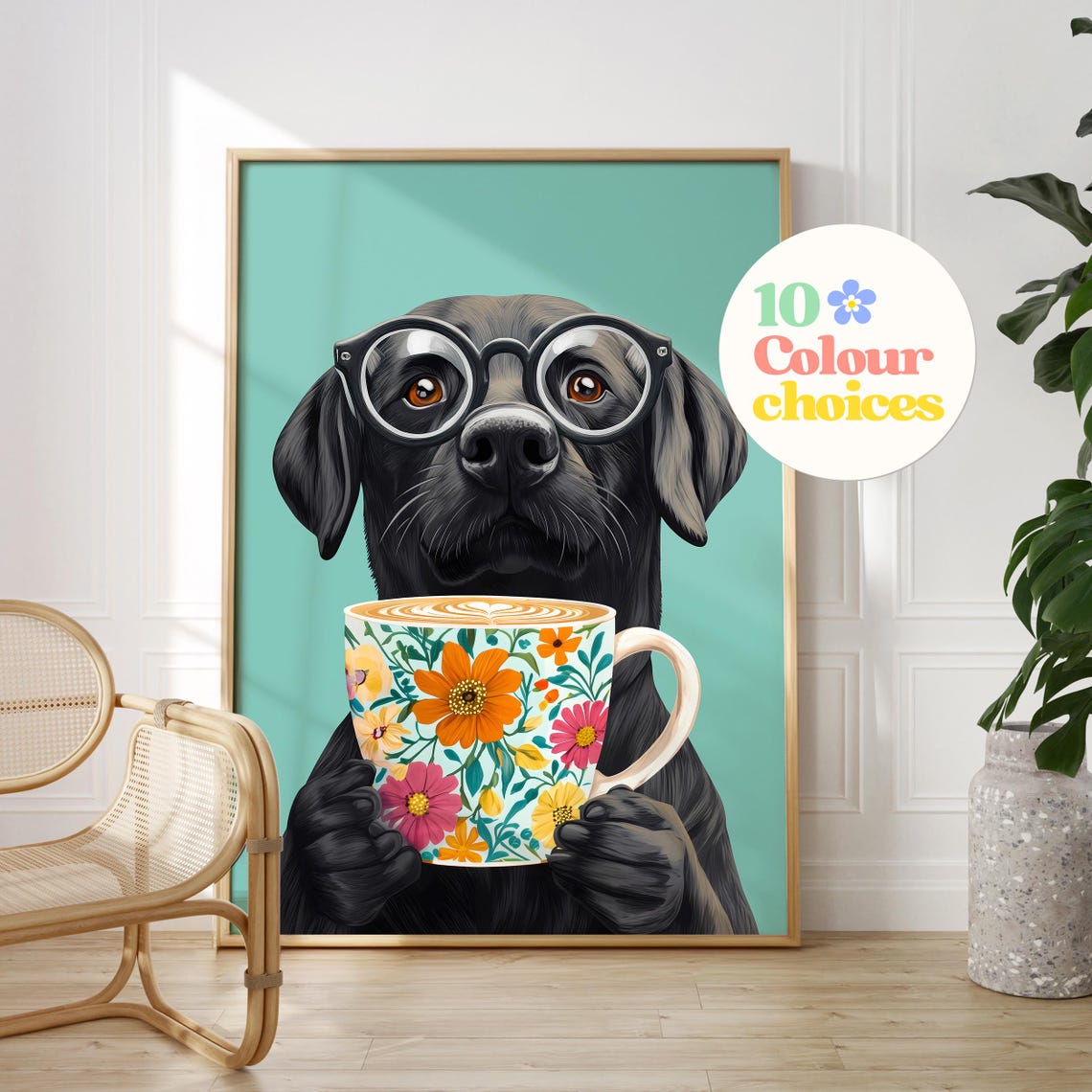 Black Labrador Wearing Glasses Holding a Floral Coffee Mug Poster