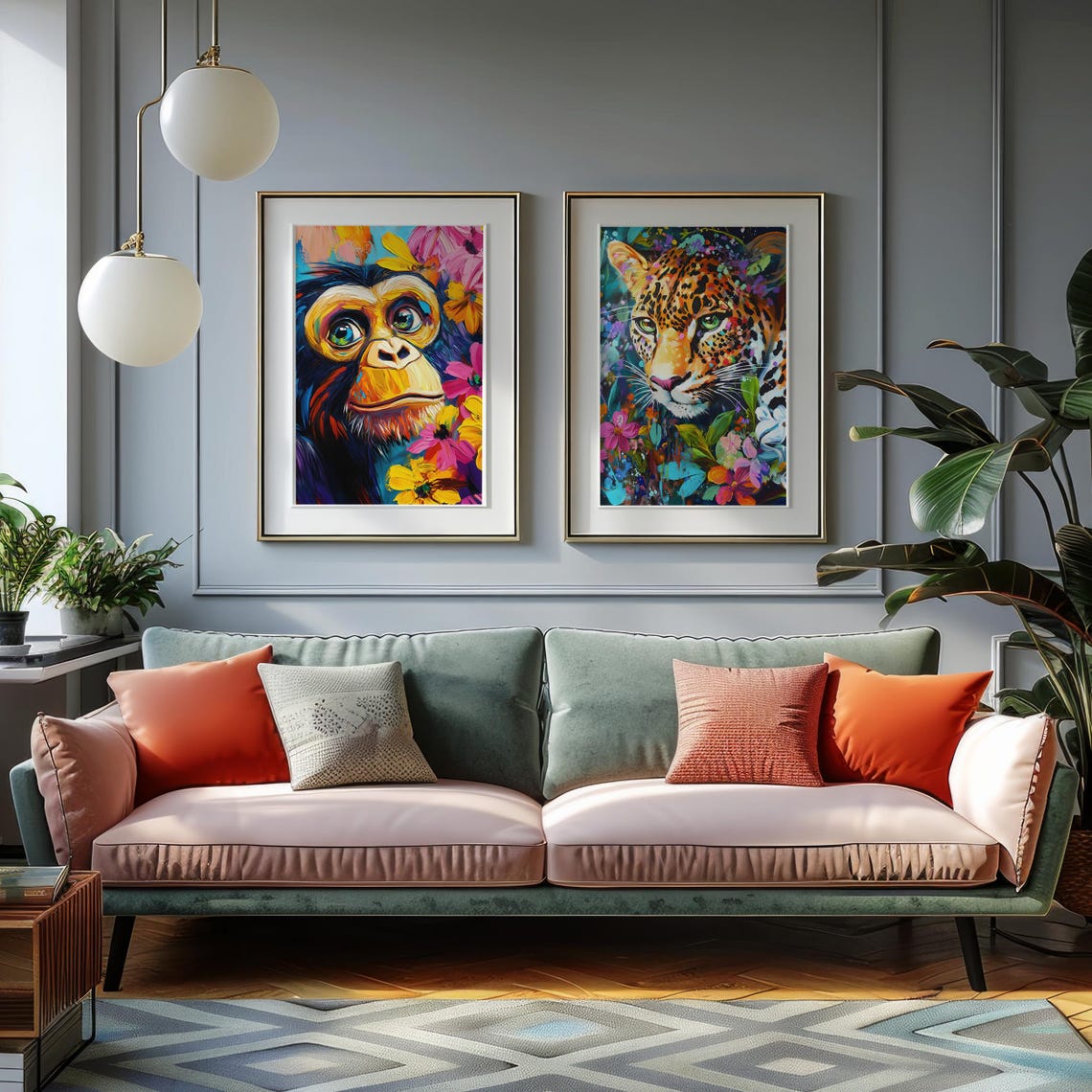 Monkey Portrait in Vivid Abstract Paint With Blooming Flowers Poster - Image 5