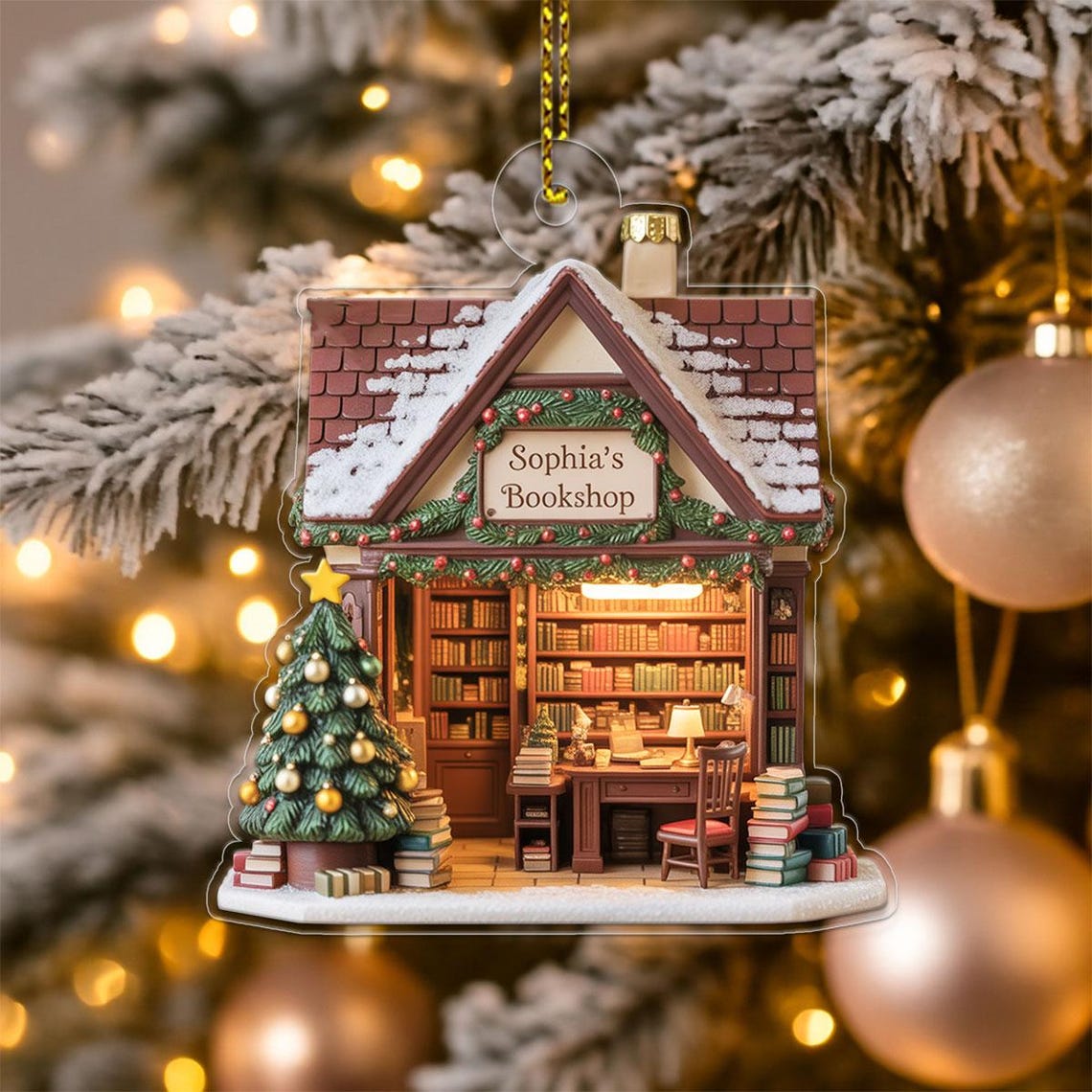 Personalized Bookshop Christmas Ornament Cozy Storefront Name Print