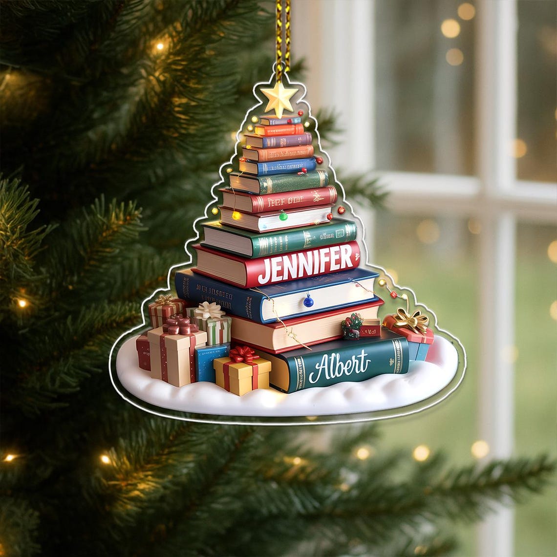 Personalized Book Tree Acrylic Christmas Ornament Book Lover Print