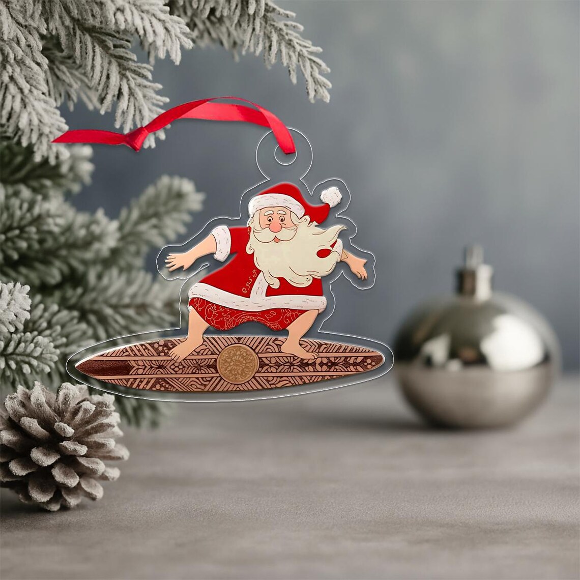 Surfing Santa Polynesian Tiki Board Acrylic Ornament Poster Island Xmas