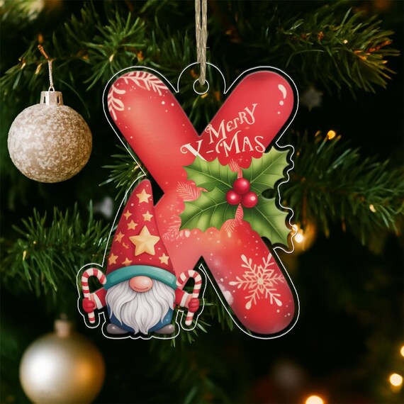 Personalized Letter X Gnome Merry Xmas Red Christmas Ornament Print