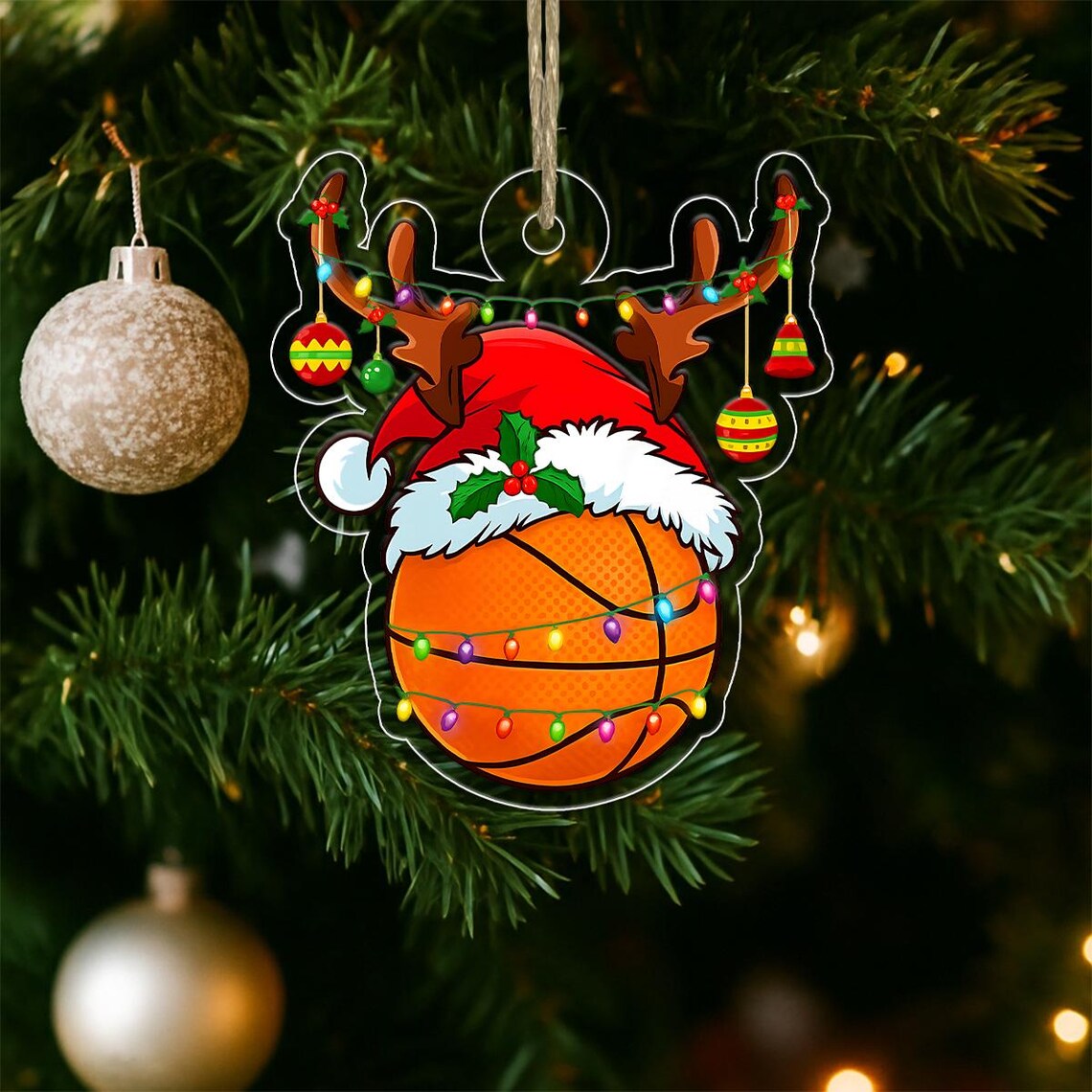 Custom Name Basketball Santa Christmas Ornament Reindeer Lights Print