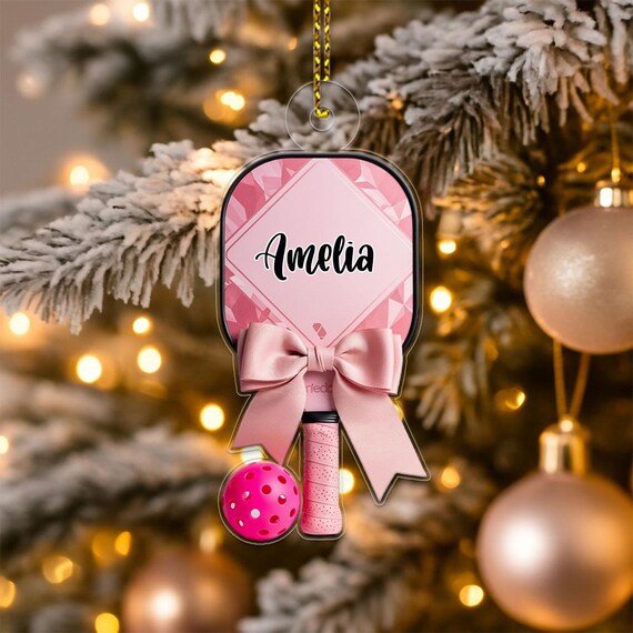 Custom Name Pink Pickleball Christmas Ornament Bow And Ball Print