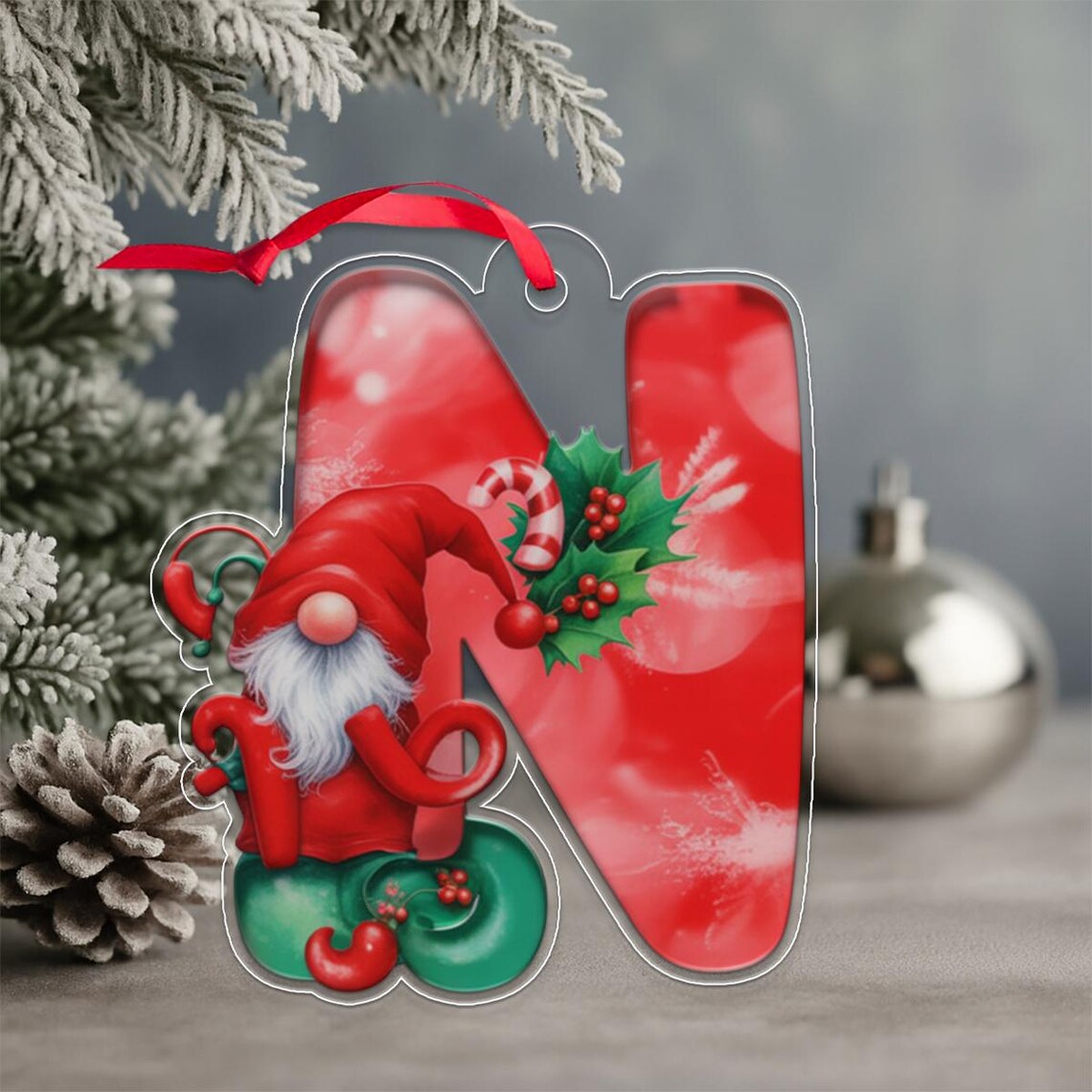 Letter N Gnome Christmas Initial Ornament Red Candy Cane Holiday Print