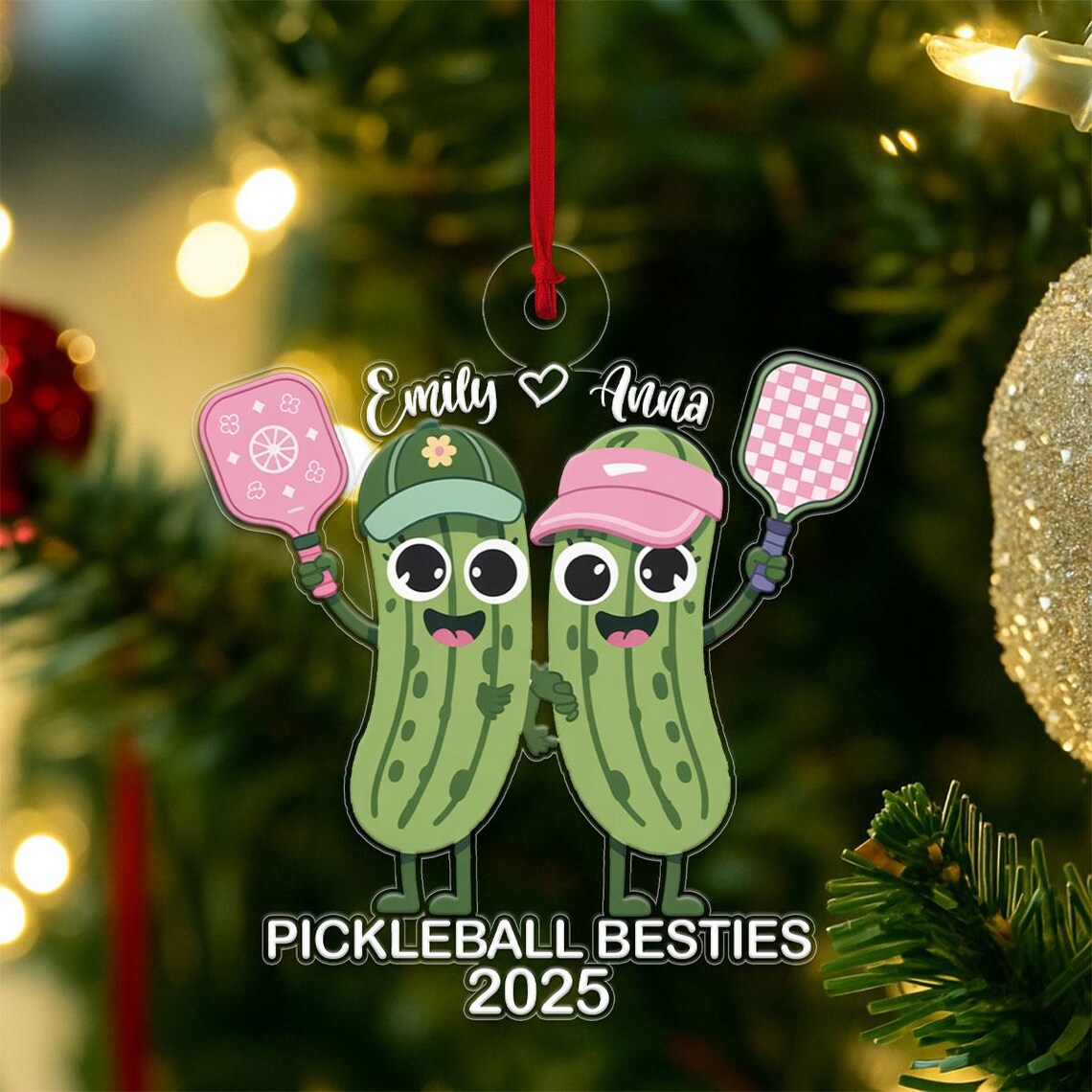 Custom Name Pickleball Besties Christmas Ornament Cartoon Pickle Print