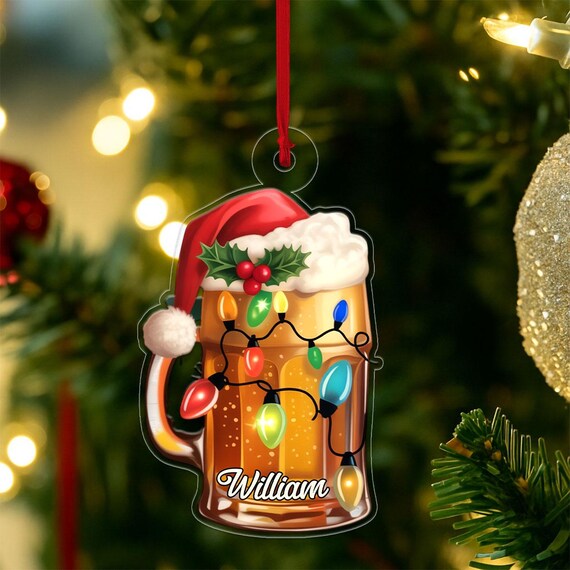 Personalized Beer Mug Christmas Ornament Santa Hat Lights Art Print