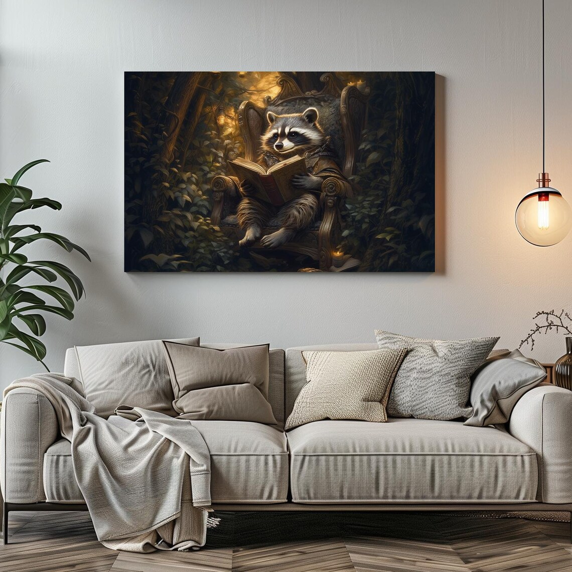 Raccoon Reading Book In A Moonlit Forest Chair Whimsical Poster