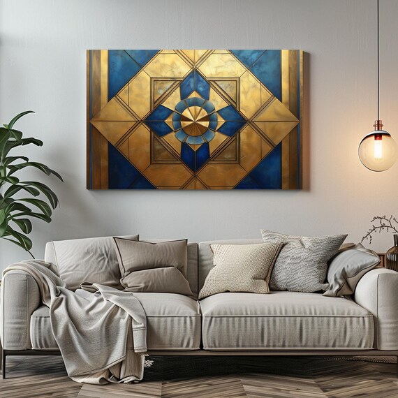 Art Deco Blue And Gold 1920s Sleek Print Bold Statement Vibrant Metallic Look Geometric Colorful Shapes Zig Zags Rustic Art
