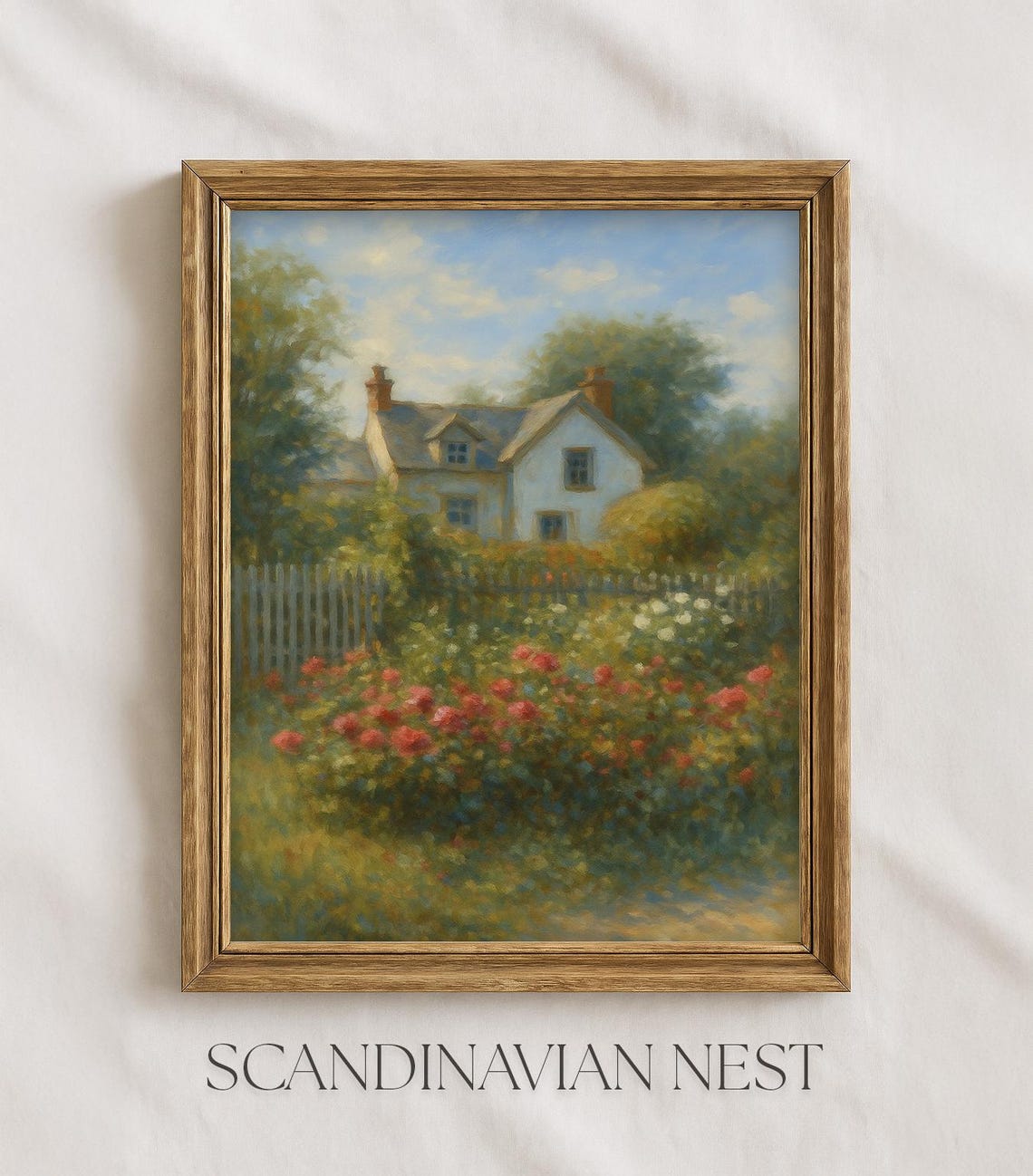 Cottage Garden Painting Roses White Picket Fence Romantic Poster