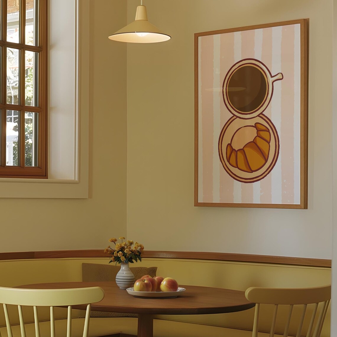 Coffee Cup And Croissant Top Down Illustration On Pink Stripes Poster - Image 3