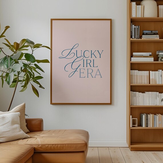 Lucky Girl Era Blue Script Affirmation Pink Minimalist Quote Poster