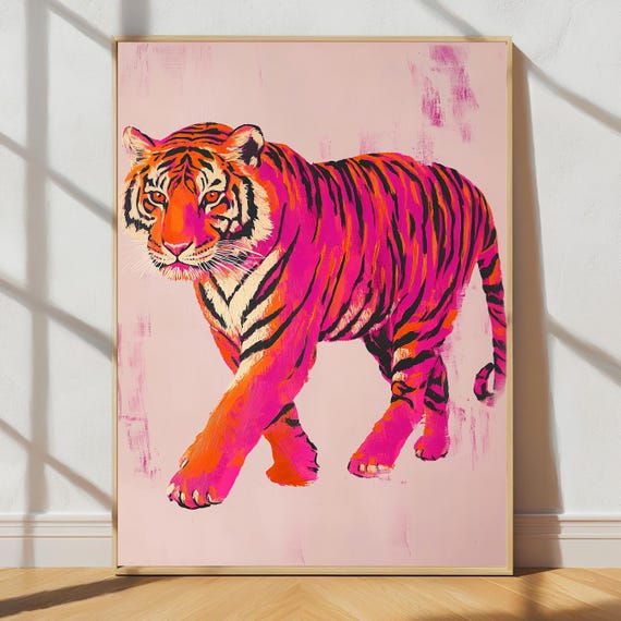 Pink Tiger Art Print, Vibrant Maximalist Jungle Decor