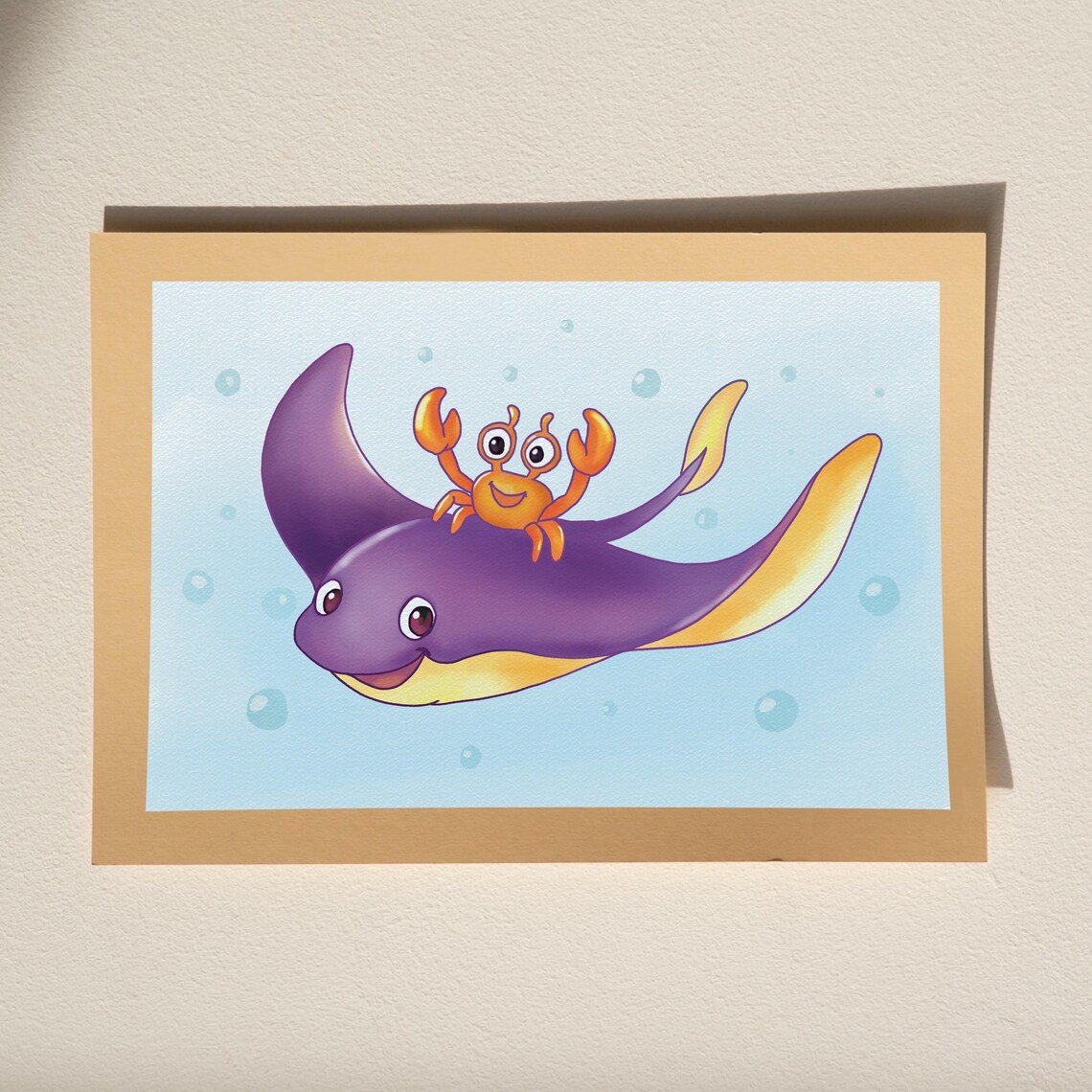Cute Crab And Ray Fish Art Ocean Friends Illustration Underwater Animal Wall Decor