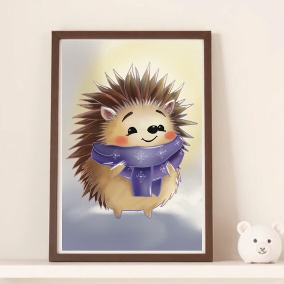 Cute Hedgehog in Purple Snowflake Scarf Winter Wonderland Poster