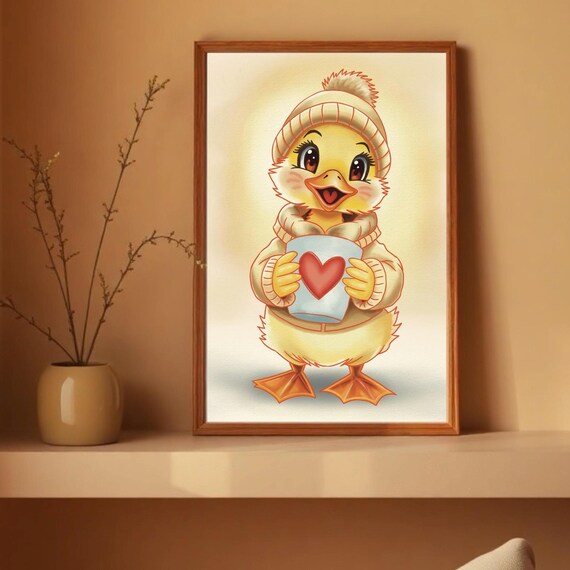 Cute Duckling Holding Heart Mug Winter Beanie Cozy Animal Poster