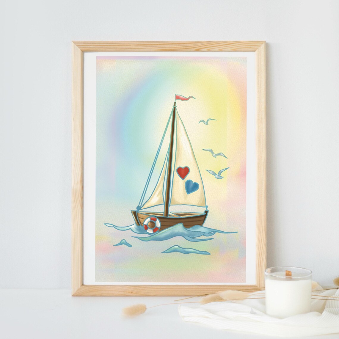 Sailboat With Heart Sails on Waves Rainbow Nautical Art Poster