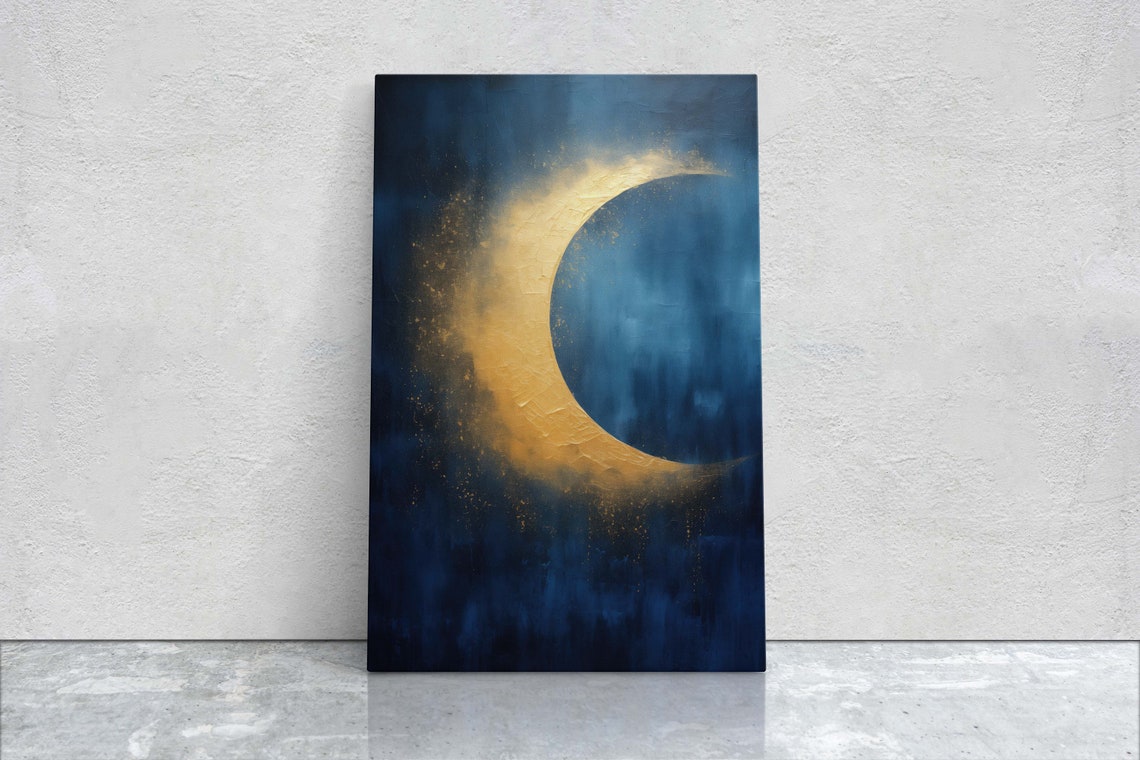 Soft Golden Crescent Moon Indigo Blue Night Sky Dreamy Art Poster
